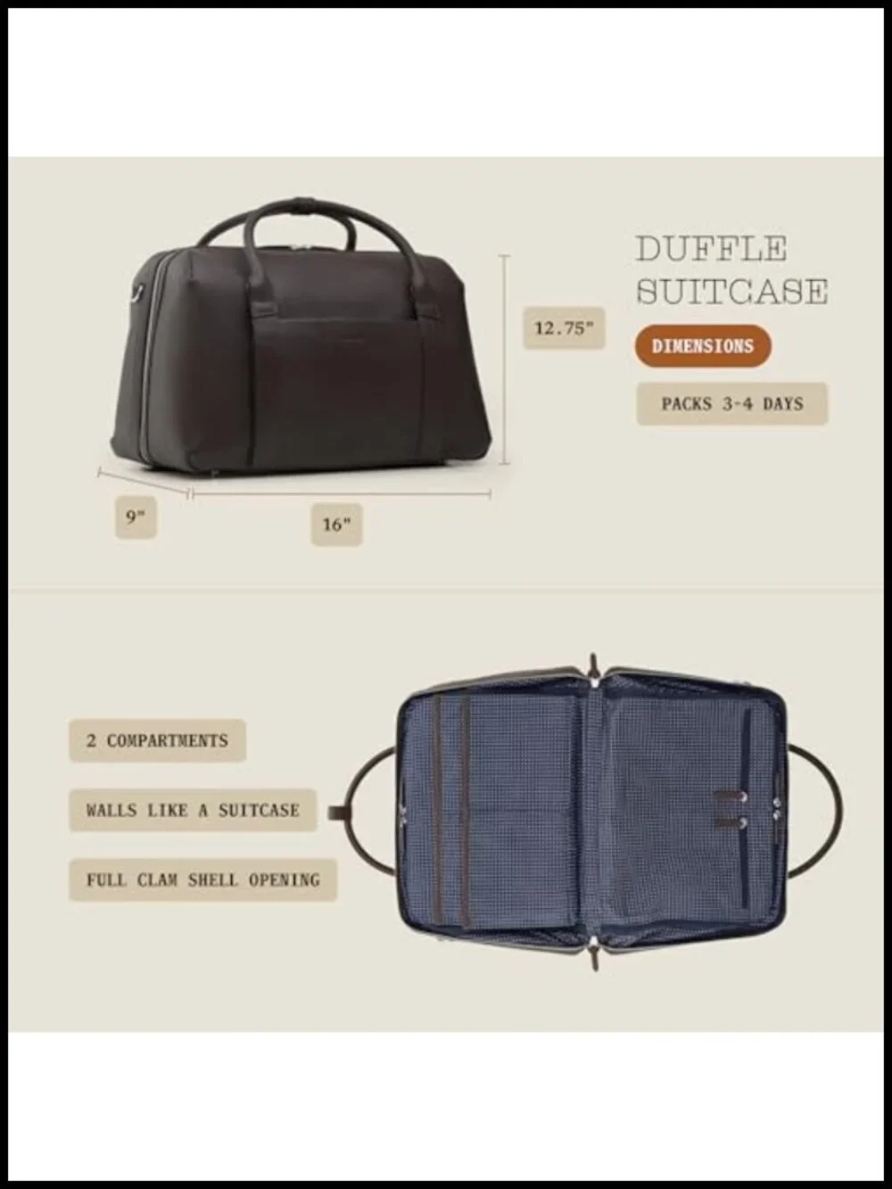 Full-Grain Leather Travel Duffle, Personal Item, Laptop Compartment, 33L,